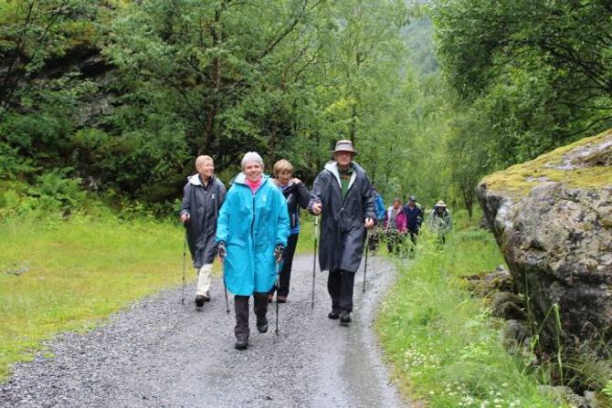 MED STAVAR I UTLADALEN: Geneviève Vlasselaer (fremst), Antoinette Timmermans (f.v), Gunvor Nordås og Guy Weber på vegen inn mot Vettis.