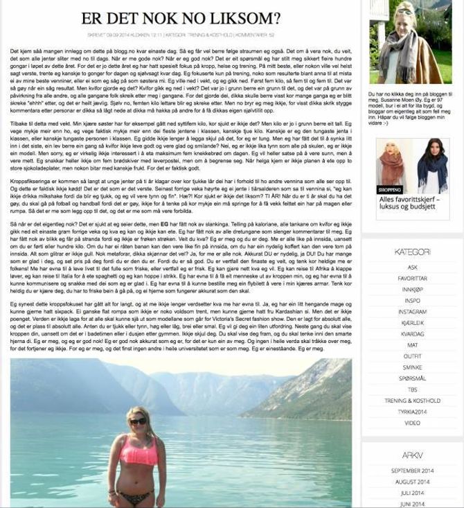 TEK EIT OPPGJER MED SLANKEHYSTERIET: Slik ser blogginnlegget til Susanne ut.