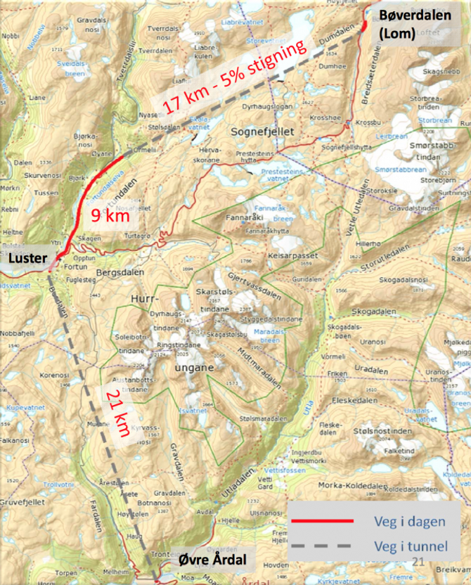 TO TUNNELAR: Slik kjem traseen til å gå med to tunnelar. Den lengste på 21 kilometer kjem ut i krysset ved Rallaren i Øvre Årdal. Teikning: Norconsult.
