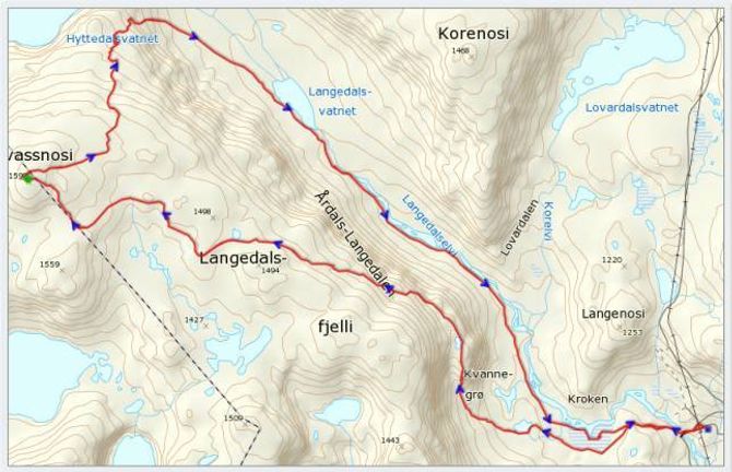 Kart: Statkart via Peakbook.org med innlagt GPS-spor av J. Asperheim.