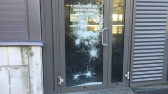 SKADEVERK: Som biletet syner har nokon kasta stein på ei dør med eit vindauge i.