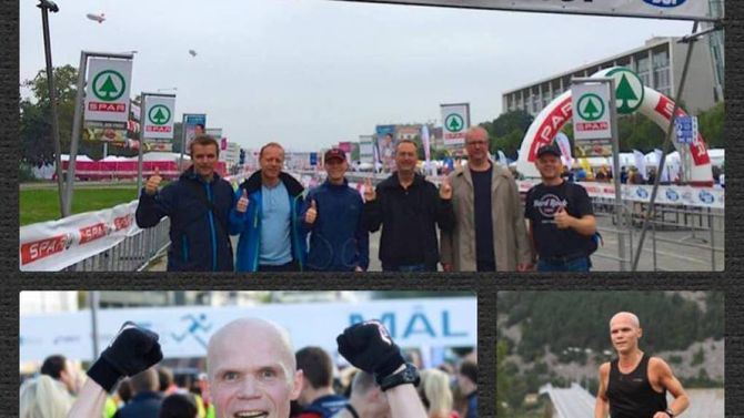 DETTE VIL ME GJERA OPP ATT: Bjørn Fretland (nedst), Geir Einan, Terje Øren, Jan Helge Sørebø, Roger Moen, Terje Øren, Bjørn Hopperstad, Egil Rune Skjolden og Arnt Moen har det så moro i Budapest, at dei vil finna på noko liknande neste år.