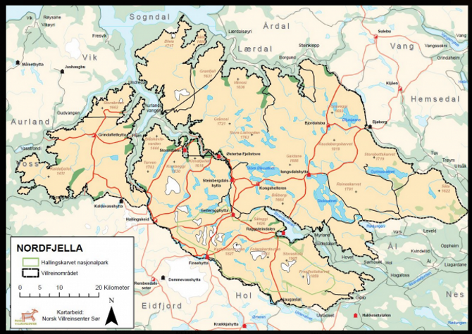 NORDFJELLA: Nordfjella villreinområde omfattar kommunane Lærdal, Aurland, Hemsedal, Ål, Hol og Ulvik. Skjermdump: villrein.no