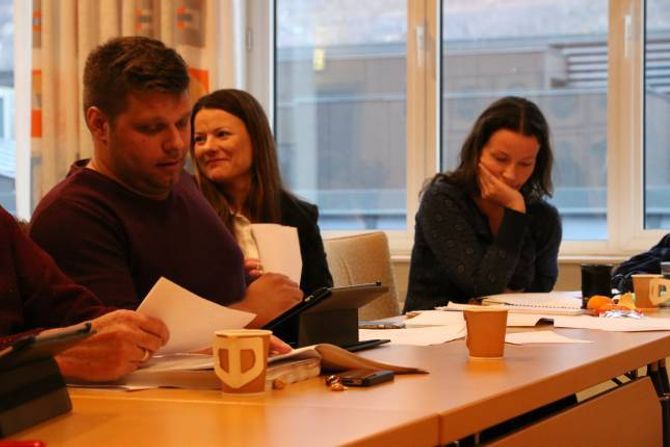 FORUNDRA: Morten Skarsbø, Marie Helene Hollevik Brandsdal (Ap) og Sandra Opheim (MDG) sat alle i valnemnda. Brandsdal i midten på biletet undrar seg for uttalen til opposisjonen.