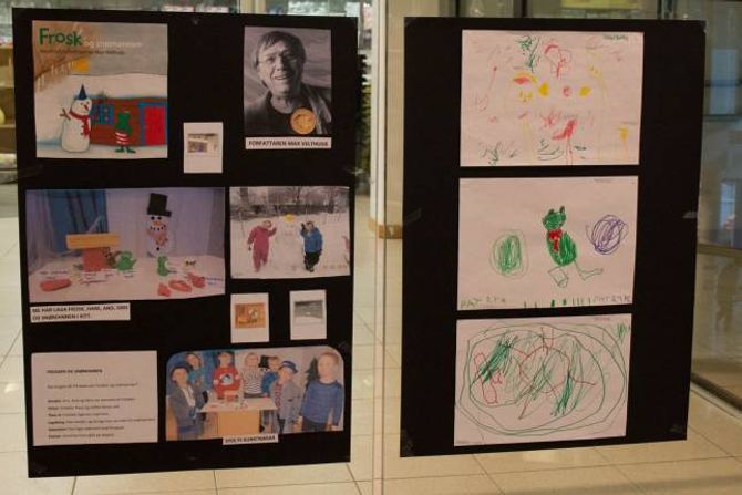 DIALOGISK LESING: Farnes barnehage har laga plakat for å syne fram korleis dei har jobba med boka "Frosk og snømannen".