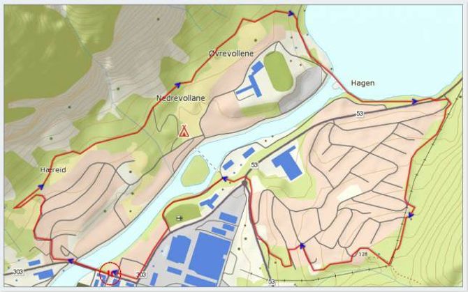 Løypekart: Statkart via peakpook.org med påteikning av GPS-track og endring av farge på fylkesveg av Jonny Asperheim