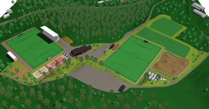 MASTERPLAN: Slik ser planane for den ferdige parken ut. Her er det teikna inn eit nytt tribuneanlegg på bana til venstre, baner for sandvolleyball og tennis, eit anlegg for styrketrening til venstre og ei sykkelbane til høgre i biletet.