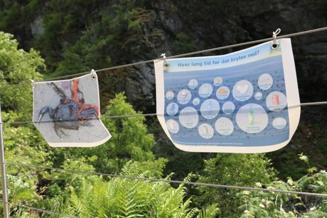 ILLUSTRASJON: Ved elva hang det plakatar som syner kor lang nedbrytningstid ulike materiale har, samt bilete av dyr som får i seg det menneske kastar i naturen.