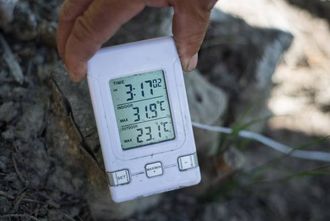 LUNT: Gradestokken viser at temperaturen har vore oppe i nesten 32 grader i skyggen den dagen.