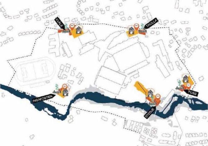 INNGANGSPORTALAR: Det er skissert forslag til fem inngangsportalar til Campus. Desse vil fungere som informasjonstorg som gjer det lettare å finne fram. På sikt er tanken at det vil koma opp signalbygg på desse strategiske plassane. Illustrasjon: Rodeo Arkitekter/Sogndal kommune.