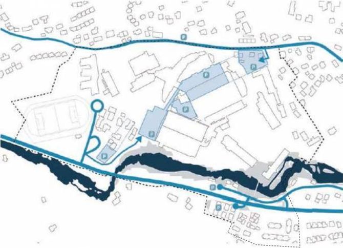 UNDER BAKKEN: I dag er det ei blanding av parkeringskjellarar og eit vell av små parkeringsplassar spreidde rundt på Campus. Målet er å få alt dette samla under bakken. Illustrasjon: Rodeo Arkitekter/Sogndal kommune.