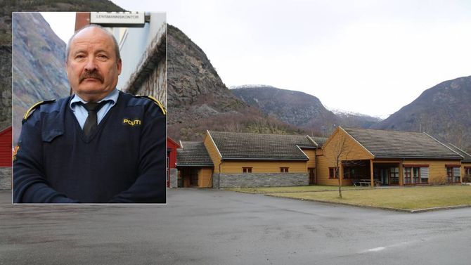 NY TENESTESTAD: Dette bygget på Grandane i Lærdal ligg an til å bli det nye lensmannskontoret for Indre Sogn - dersom det ikkje no blir som Sp formanar, at til dømes lensmannskontoret i Årdal blir berga. Lensmann i Årdal, Magne Knudsen, innfelt. Arkiv
