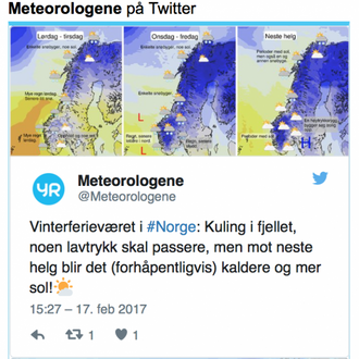 BETRE: Meteorologane twitrar om von om betre vêr utover i haustferien. Skjermdump frå yr.no