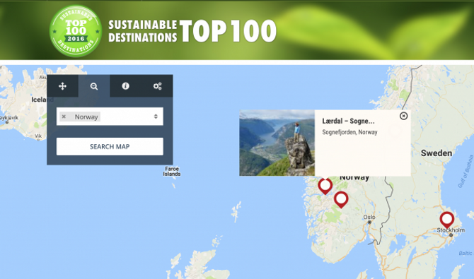 EKSKLUSIV: Berre Geilo og Svalbard har fått same status i Noreg. Merket oppe til venstre i biletet er provet på statusen og noko verksemder i Lærdal no kan nytta i marknadsføringa. Skjermdump: Green Destinations
