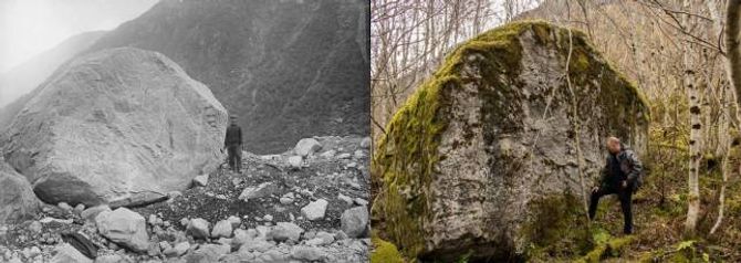 STORE ENDRINGAR: I 1899 var det 77 meter frå denne steinblokka til brekanten på Store Supphellebreen i Fjærland. No har avstanden auka med over 300 meter. Biletet til venstre statsgeolog John Bernhard Rekstad som oppretta merket for å måla avstanden til breen. T.h.fagansvarleg Pål Gran Kielland ved Norsk bremuseum.
