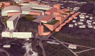 DEL AV CAMPUS: Skissa er henta frå Campusplanen og viser moglege nybygg eller utvidingar i ferskenfargar, medan eksisterande bygg er markert i kvitt. Studenthuset er den høge og smale klossen som er teikna inn nedst og midt i biletet. Illustrasjon: Rodeo arkitekter/Sogndal kommune