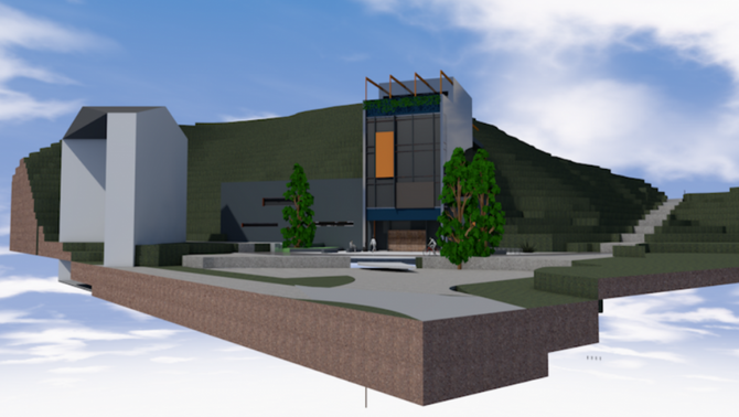 MODERNE FRAMTONING: Her er ein 3d-modell av det same studenthuset. Illustrasjon: SISOF/Arkitektkontoret 4B.