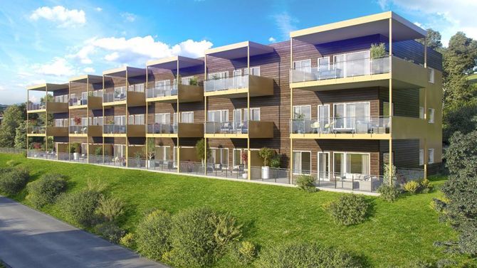 KORTREISTE BUSTADER: Blokkene vil bli sett saman av treelement laga av Jatak på Kaupanger. Vindauga er det Fjordglas i Luster som står for. Illustrasjon: Nordbohus.