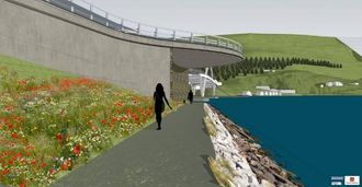UNDER BRUA: Statens vegvesen står for siste innspurt av fjordstien i samband med bygginga av den nye Loftesnesbrui. Rundkøyringa i forkant av brua vil delvis henge over gangstien.