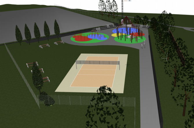 TRE TILTAK: Det skal nokre avklaringar til før kommunestyremøtet etter påske, men truleg blir området sjåande slik ut med klatrepark, crossfitpark og sandvolleyballbane. Illustrasjon: Arkitektkontoret 4B.