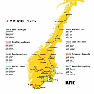 REISERUTA: Slik ser reiseruta ut når Sommartoget legg ut på ferda 27. juni. Illustrasjon: Ellen Baumann/NRK