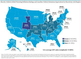 Kartet viser bensinforbruksekvivalenten for elbiler i ulike kraftregioner i Amerikas forente stater.