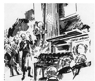 Kanonen kortslutter. En skisse av Birkelands demonstrasjon av kanonen i universitetets festsal i 1903. (Illustrert av Erling Stensrod 50 ar senere.)