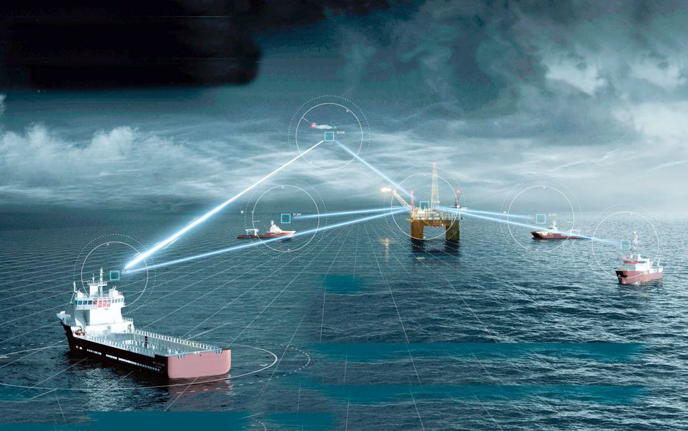 Slik illustrerer Kongsberg Seatex hvordan MBR - Maritime Broadband Radio kan benyttes til kommunikasjon mellom ulike enheter innen oljeproduksjon, både skip, plattformer og fly.