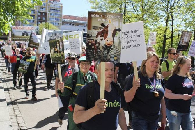 GJEKK I TOG: Bønder i tog frå Grønland i Oslo mot Stortinget etter brota i jordbruksforhandlingane.