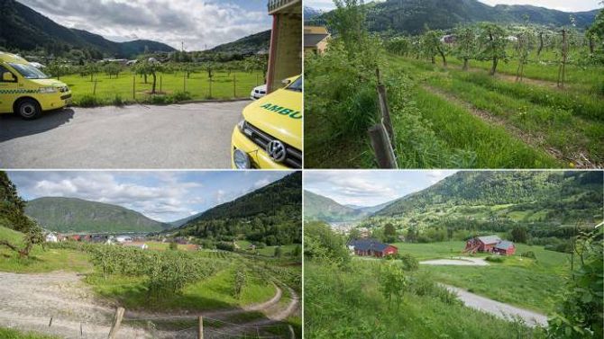 FIRE ALTERNATIV: Oppe til venstre ser du eplehagen i Fosshagen like ved legesenteret (kandidaten til Sp og V), oppe til høgre ser du eplehagen på baksida av psykiatrisenteret på Rutlin (kandidaten til Ap og SV), nede til venstre ser du eplehagen aust for Kvåle stadion (kandidaten til Frp) og nede til høgre ser du området ved Bjelde gard (kandidaten til H og KrF).