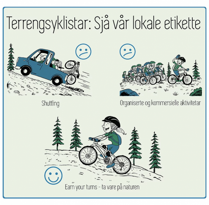 STIETIKETTE: Sogn terrengsykkel har lagra eigne reglar for å hindre unødig slitasje på stiane. Sykkeltransport med bil er uønska, det same er organiserte og kommersielle aktivitetar og marknadsføring av terrengsykling i området. Alle blir oppmoda om å vise omsyn til natur og dyreliv. Illustrasjon: Sogn terrengsykkel.