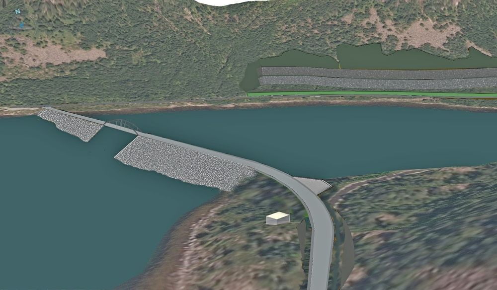 Slik vil Sifjorden se ut i 2020. Den lysegrønne linjen langs vegen til høyre er en voll som skal skjerme mot innsyn fra vegen mot de store skjæringene etter uttaket av stein.