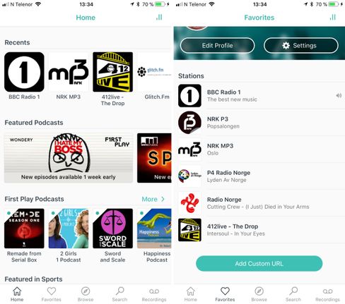 Det er massevis av muligheter i TuneIn. Her kan man logge inn med konto for å ta vare på appvalgene og favorittene sine.