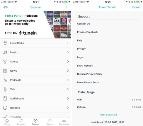 Oppe vil venstre i Browse-bildet kan man velge en bilmodus som gir få og store knapper. Går du til About-skjermen opplyser appen hvor mye data den har brukt siden forrige gang telleren ble resatt.