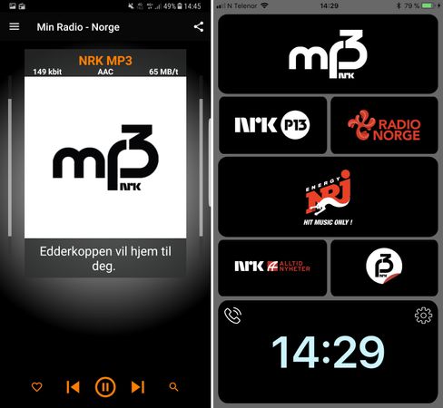 Min Radio til venstre, vær obs på at timeindikatoren på forbruk ofte viser for høyt tall innledningsvis, før den stabiliserer seg på mer fornuftig nivå. Til høyre er Skurring for iOS - også den et supert valg av de mer lokale variantene.