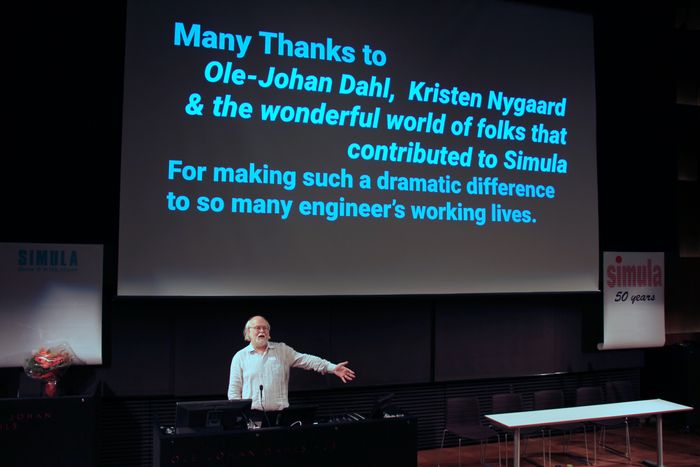 James Gosling under foredrag om Simula ved Ifi, UiO, 27. september 2017. Hilsen til Ole-Johan Dahl og Kristen Nygaard.