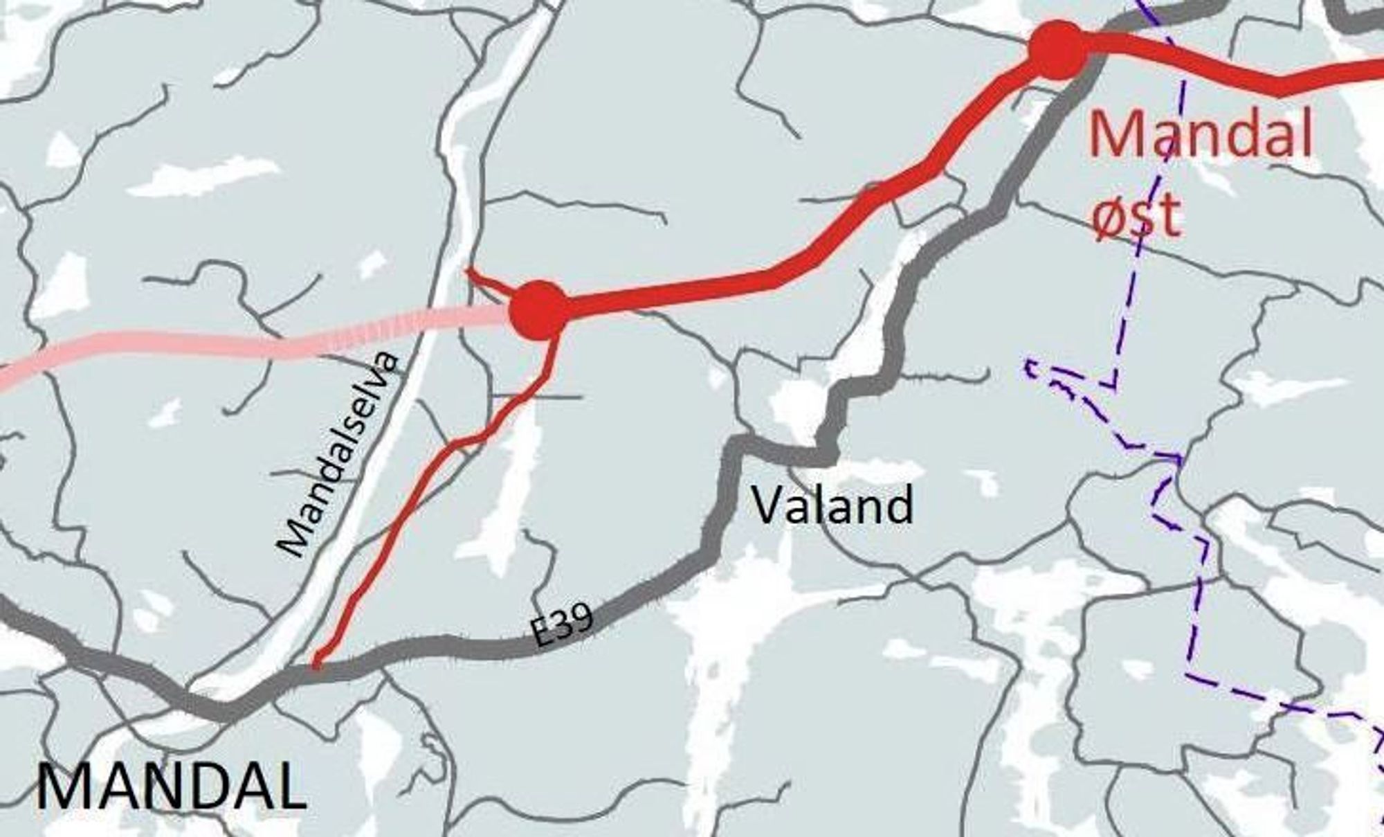 Den tykke røde linjen markerer framtidig E39. Den tynne røde linjen markerer   forbindelsesvegen mellom Mandal sentrum og E39. Den blir hovedveg inntil den permanente E39 er ført videre vestover.