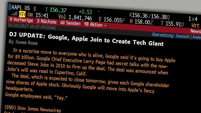 Dow Jones meldte at Google kjøper Apple for 9 milliarder dollar