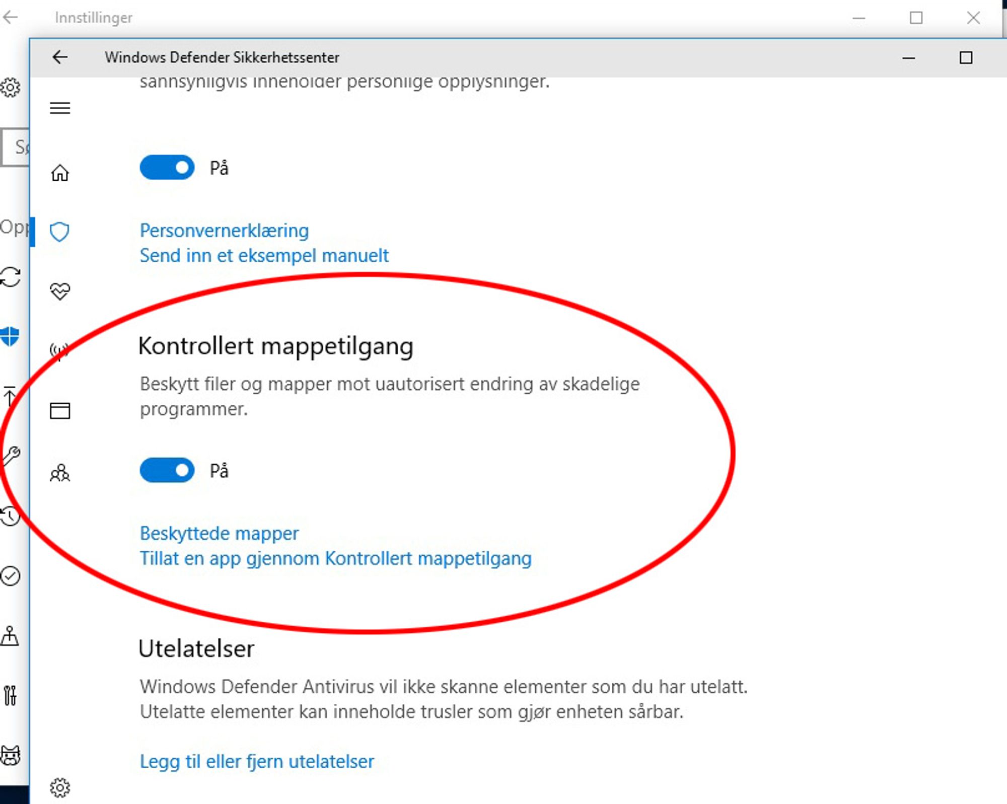 Her kan man aktivere Kontrollert mappetilgang i den nye Windows 10 Fall Creators Update.