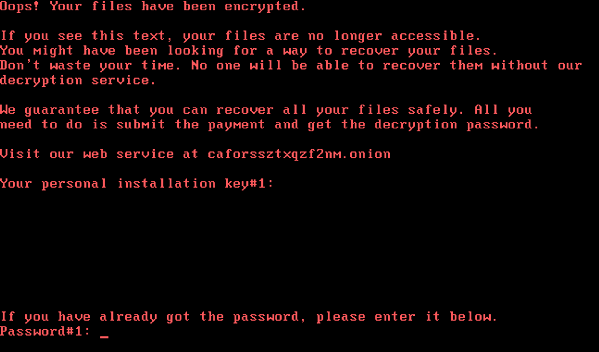 Skjermen Bad Rabbit viser når filene på pc-en har blitt kryptert. Man må besøke en Tor Onion-adresse for å få nærmere instrukser om hvordan man få tilgang til systemet igjen. Men det beste er å ha en fersk sikkerhetskopi av alle de viktige filene.
