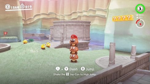Slik ser det ut når Mario tar over en goomba. Legg merke til at man kan hoppe høyere hvis man veiver joy-con-ene fram og tilbake.