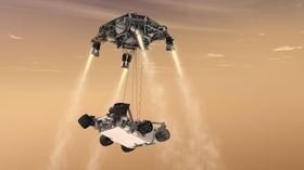Omtrent slik skal det se ut når roveren lander på Mars, og hele prosessen skal filmes med opptil flere kameraer.