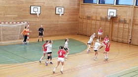 JENTELAGET: Gjerstad trenar Sogndal sitt jentelag i sekstenårsklassen. her frå laurdagens kamp mot Høyang i raudt. Under laurdagens tre handballkampar i Sogndalshallen var han med i alle tre kampane. For kvinnelaget òg var han med som trenar, og for herrelaget som spelar.