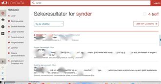Søk på «synder» ga fire treff i Lovdatas åpne sider, og 2300 treff i Lovdata Pro. Skjermbildet er retusjert av Medier24.