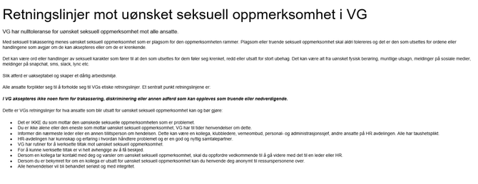 VGs retningslinjer mot seksuell oppmerksomhet.