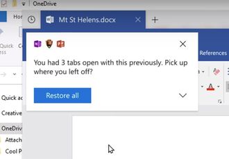 Gjenåpning av faner med Windows 10-funksjonen Sets. Da blir man spurt om man vil åpne enkelte eller alle de fanene som tidligere ble åpnet sist man åpnet et gitt dokument. Dette gjelder også på tvers av datamaskiner, så lenge man er innlogget med den samme Microsoft-kontoen.