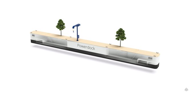 Det er god plass til flere batteripakker eller tanker i flytedokken, Power Doc. I Flåm og Gudvangen blir det 700 kWh batteripakker som lades sakte opp mellom hver gang ett av fartøyene lades.