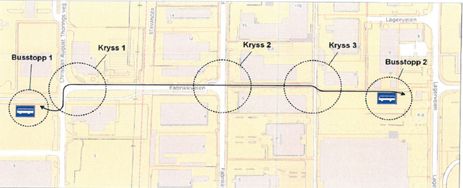 Slik ser den planlagte ruten ut, når den førerløse bussen får testes i trafikk. Fra busstopp 1, osm er Forus Parkering, til kryss2 kjører den på vanlig bilvei. Fra kryss 2 til busstopp 2, like ved bussveien, kjører den på gang- og sykkelvei.