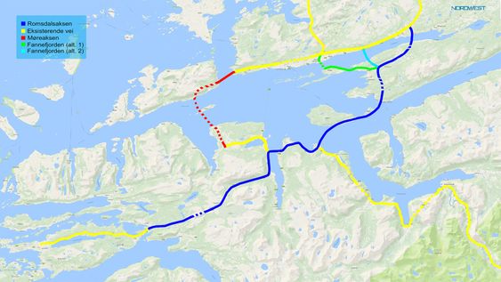 Den planlagte fjordkryssingen følger den rød streken. Jørn Inge Løvik og Romsdalsaksen AS ønsker å at Statens vegvesen følger den blå traséen.