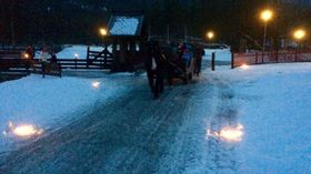 HEST OG SLEDE: Risgrauten vart frakta til nissen med hest og slede.